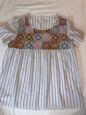 THML White Striped Blouse with Multicolor Embroidered Yoke